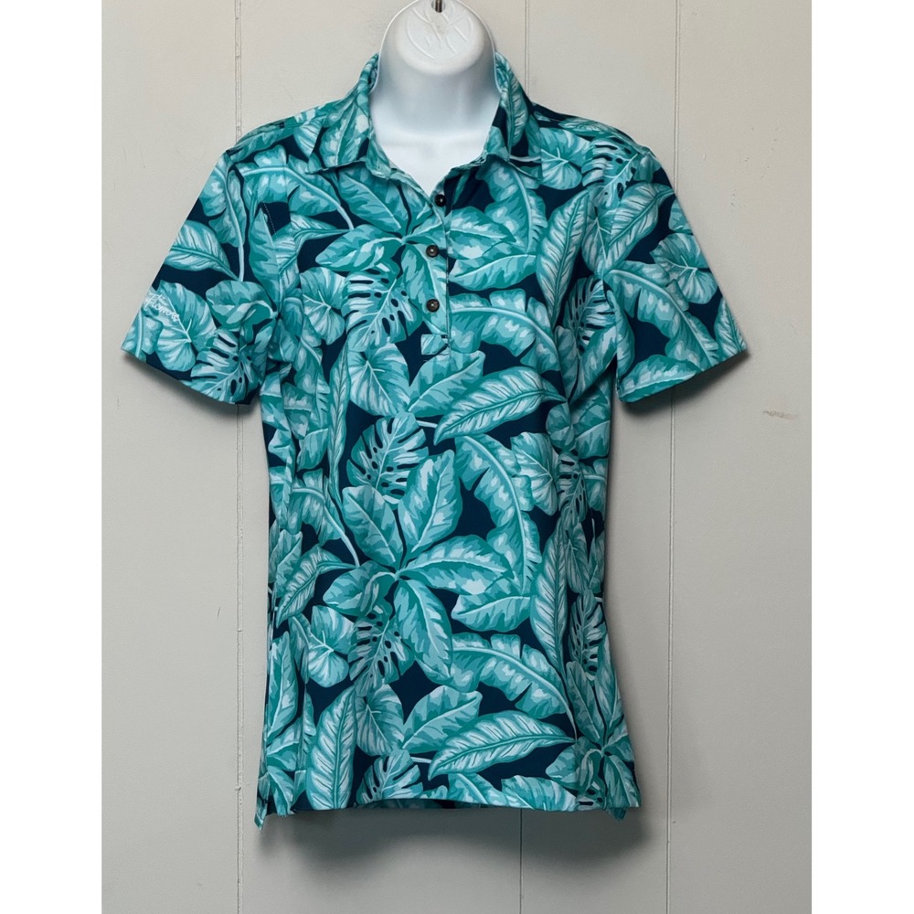 Kenny Flowers The Maui Women Performance Polo Teal Tropical Leaf Golf Shirt Sz M